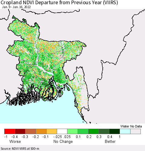 Bangladesh Cropland NDVI Departure from Previous Year (VIIRS) Thematic Map For 1/9/2022 - 1/16/2022
