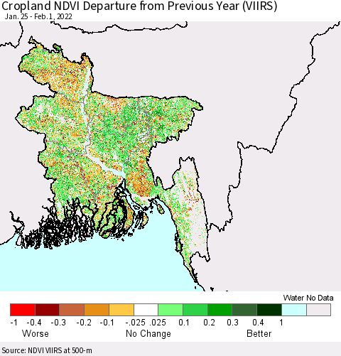 Bangladesh Cropland NDVI Departure from Previous Year (VIIRS) Thematic Map For 1/25/2022 - 2/1/2022