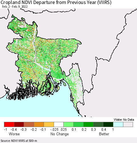 Bangladesh Cropland NDVI Departure from Previous Year (VIIRS) Thematic Map For 2/2/2022 - 2/9/2022