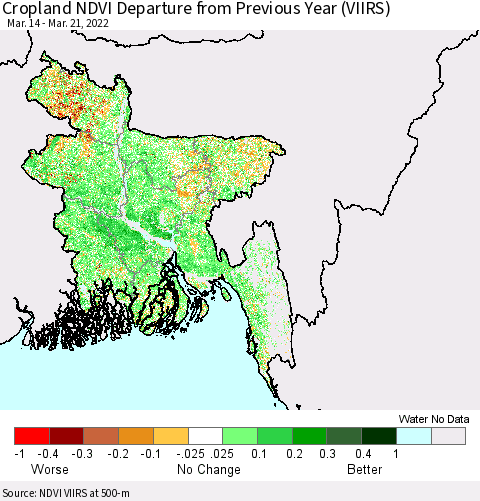 Bangladesh Cropland NDVI Departure from Previous Year (VIIRS) Thematic Map For 3/14/2022 - 3/21/2022
