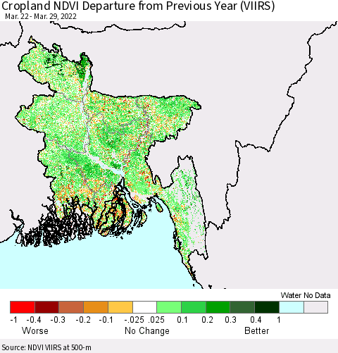 Bangladesh Cropland NDVI Departure from Previous Year (VIIRS) Thematic Map For 3/22/2022 - 3/29/2022