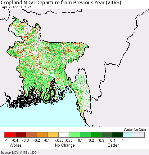 Bangladesh Cropland NDVI Departure from Previous Year (VIIRS) Thematic Map For 4/7/2022 - 4/14/2022