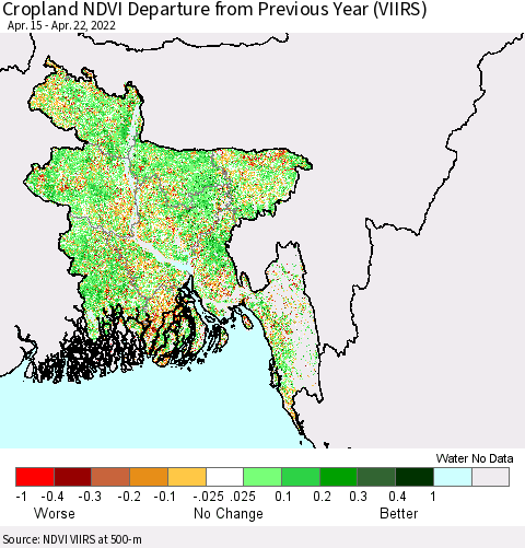 Bangladesh Cropland NDVI Departure from Previous Year (VIIRS) Thematic Map For 4/15/2022 - 4/22/2022