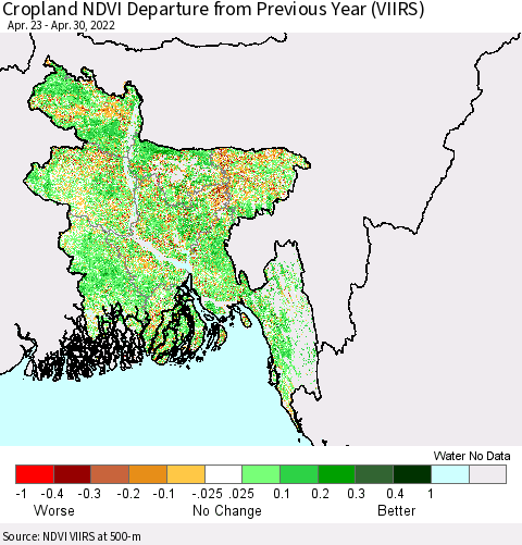 Bangladesh Cropland NDVI Departure from Previous Year (VIIRS) Thematic Map For 4/23/2022 - 4/30/2022