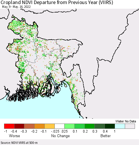 Bangladesh Cropland NDVI Departure from Previous Year (VIIRS) Thematic Map For 5/9/2022 - 5/16/2022