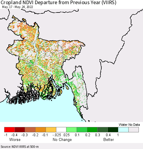 Bangladesh Cropland NDVI Departure from Previous Year (VIIRS) Thematic Map For 5/17/2022 - 5/24/2022