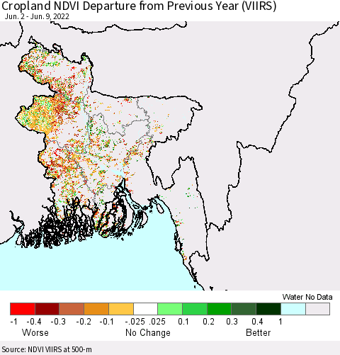 Bangladesh Cropland NDVI Departure from Previous Year (VIIRS) Thematic Map For 6/2/2022 - 6/9/2022