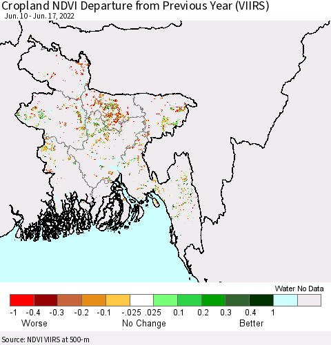 Bangladesh Cropland NDVI Departure from Previous Year (VIIRS) Thematic Map For 6/10/2022 - 6/17/2022