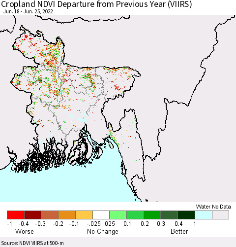 Bangladesh Cropland NDVI Departure from Previous Year (VIIRS) Thematic Map For 6/18/2022 - 6/25/2022
