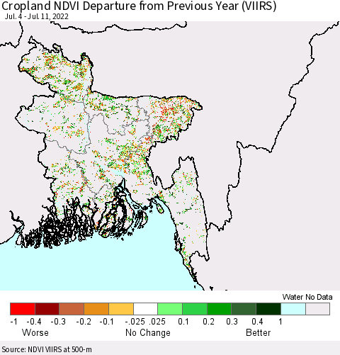 Bangladesh Cropland NDVI Departure from Previous Year (VIIRS) Thematic Map For 7/4/2022 - 7/11/2022