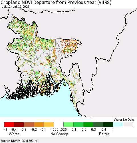 Bangladesh Cropland NDVI Departure from Previous Year (VIIRS) Thematic Map For 7/12/2022 - 7/19/2022