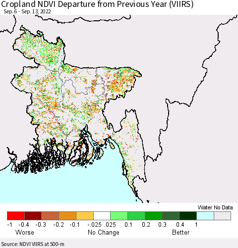 Bangladesh Cropland NDVI Departure from Previous Year (VIIRS) Thematic Map For 9/6/2022 - 9/13/2022