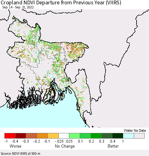 Bangladesh Cropland NDVI Departure from Previous Year (VIIRS) Thematic Map For 9/14/2022 - 9/21/2022