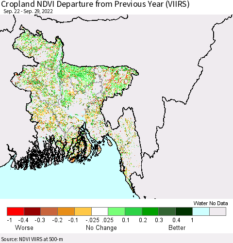 Bangladesh Cropland NDVI Departure from Previous Year (VIIRS) Thematic Map For 9/22/2022 - 9/29/2022