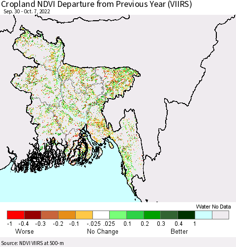 Bangladesh Cropland NDVI Departure from Previous Year (VIIRS) Thematic Map For 9/30/2022 - 10/7/2022