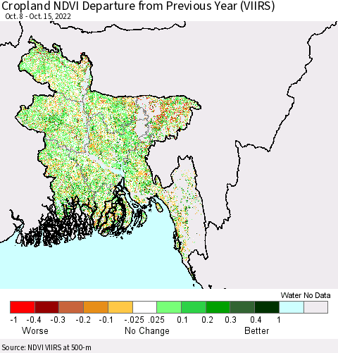 Bangladesh Cropland NDVI Departure from Previous Year (VIIRS) Thematic Map For 10/8/2022 - 10/15/2022