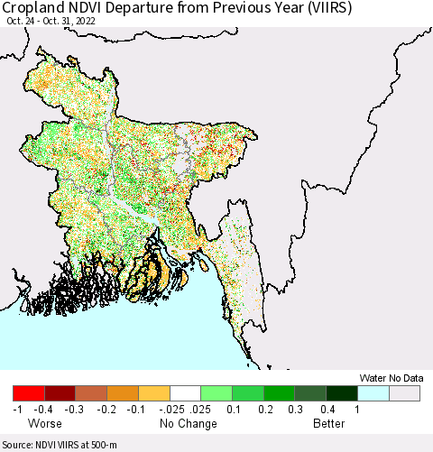Bangladesh Cropland NDVI Departure from Previous Year (VIIRS) Thematic Map For 10/24/2022 - 10/31/2022