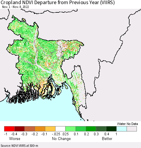 Bangladesh Cropland NDVI Departure from Previous Year (VIIRS) Thematic Map For 11/1/2022 - 11/8/2022