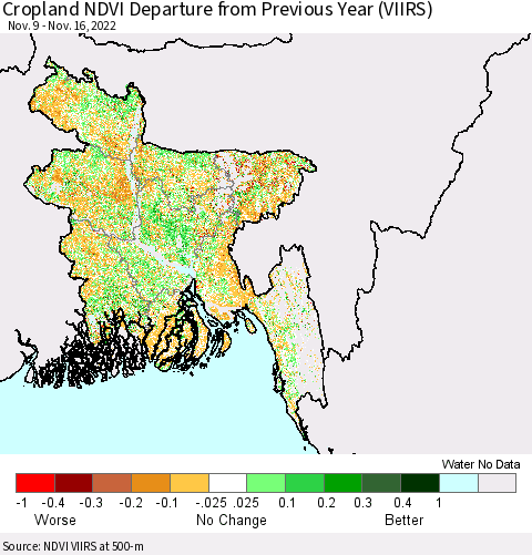 Bangladesh Cropland NDVI Departure from Previous Year (VIIRS) Thematic Map For 11/9/2022 - 11/16/2022