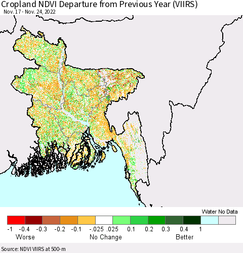 Bangladesh Cropland NDVI Departure from Previous Year (VIIRS) Thematic Map For 11/17/2022 - 11/24/2022