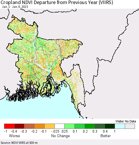 Bangladesh Cropland NDVI Departure from Previous Year (VIIRS) Thematic Map For 1/1/2023 - 1/8/2023