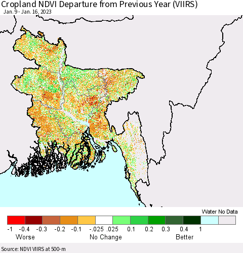 Bangladesh Cropland NDVI Departure from Previous Year (VIIRS) Thematic Map For 1/9/2023 - 1/16/2023