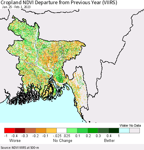 Bangladesh Cropland NDVI Departure from Previous Year (VIIRS) Thematic Map For 1/25/2023 - 2/1/2023