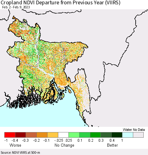 Bangladesh Cropland NDVI Departure from Previous Year (VIIRS) Thematic Map For 2/2/2023 - 2/9/2023