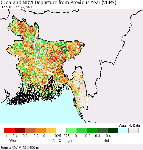 Bangladesh Cropland NDVI Departure from Previous Year (VIIRS) Thematic Map For 2/18/2023 - 2/25/2023