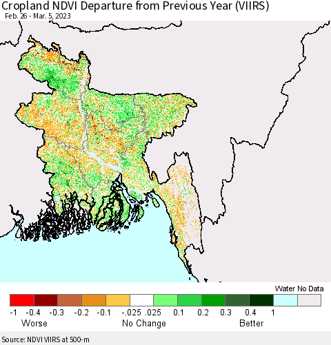 Bangladesh Cropland NDVI Departure from Previous Year (VIIRS) Thematic Map For 2/26/2023 - 3/5/2023