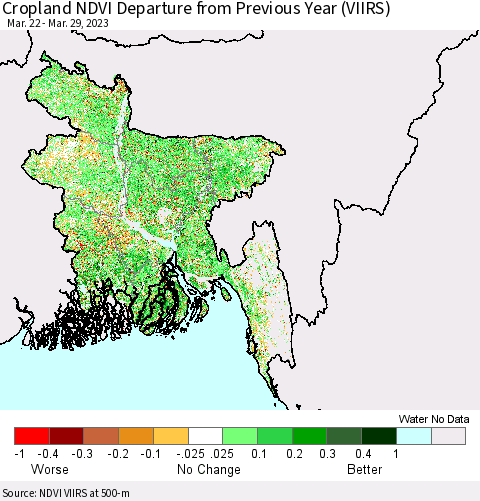Bangladesh Cropland NDVI Departure from Previous Year (VIIRS) Thematic Map For 3/22/2023 - 3/29/2023