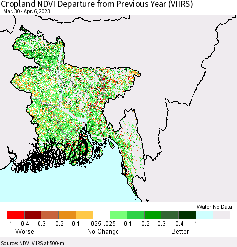 Bangladesh Cropland NDVI Departure from Previous Year (VIIRS) Thematic Map For 3/30/2023 - 4/6/2023
