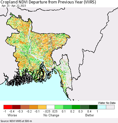 Bangladesh Cropland NDVI Departure from Previous Year (VIIRS) Thematic Map For 4/15/2023 - 4/22/2023