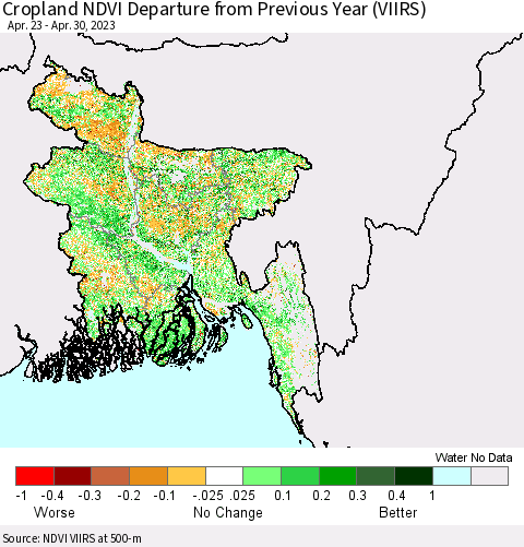 Bangladesh Cropland NDVI Departure from Previous Year (VIIRS) Thematic Map For 4/23/2023 - 4/30/2023