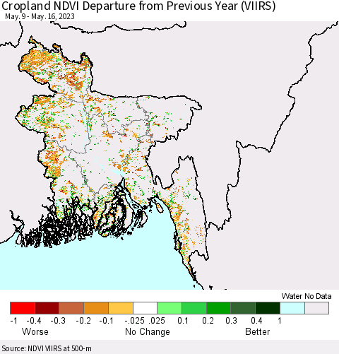 Bangladesh Cropland NDVI Departure from Previous Year (VIIRS) Thematic Map For 5/9/2023 - 5/16/2023