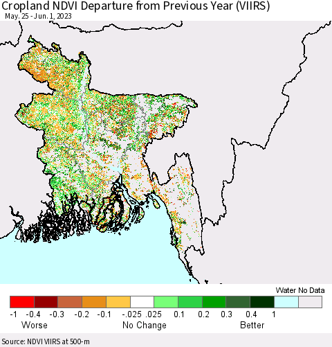 Bangladesh Cropland NDVI Departure from Previous Year (VIIRS) Thematic Map For 5/25/2023 - 6/1/2023