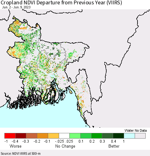 Bangladesh Cropland NDVI Departure from Previous Year (VIIRS) Thematic Map For 6/2/2023 - 6/9/2023