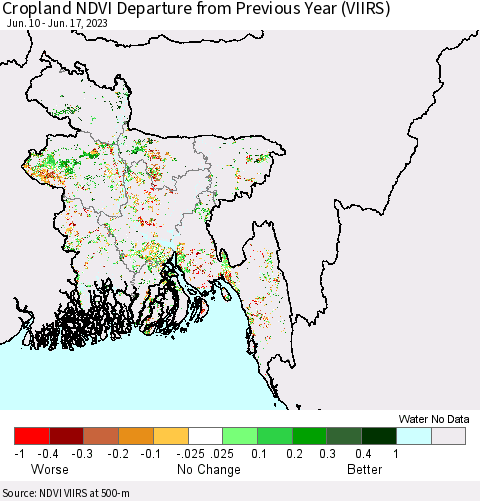 Bangladesh Cropland NDVI Departure from Previous Year (VIIRS) Thematic Map For 6/10/2023 - 6/17/2023