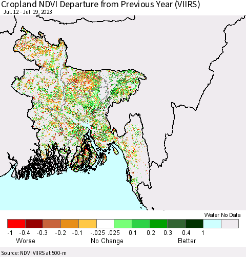 Bangladesh Cropland NDVI Departure from Previous Year (VIIRS) Thematic Map For 7/12/2023 - 7/19/2023
