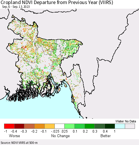 Bangladesh Cropland NDVI Departure from Previous Year (VIIRS) Thematic Map For 9/6/2023 - 9/13/2023