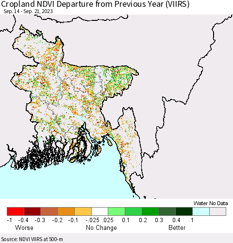 Bangladesh Cropland NDVI Departure from Previous Year (VIIRS) Thematic Map For 9/14/2023 - 9/21/2023