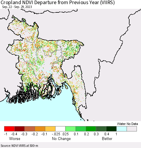 Bangladesh Cropland NDVI Departure from Previous Year (VIIRS) Thematic Map For 9/22/2023 - 9/29/2023