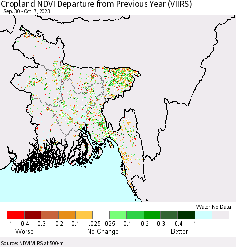 Bangladesh Cropland NDVI Departure from Previous Year (VIIRS) Thematic Map For 9/30/2023 - 10/7/2023