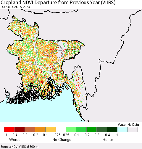 Bangladesh Cropland NDVI Departure from Previous Year (VIIRS) Thematic Map For 10/8/2023 - 10/15/2023