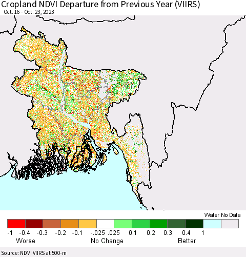 Bangladesh Cropland NDVI Departure from Previous Year (VIIRS) Thematic Map For 10/16/2023 - 10/23/2023