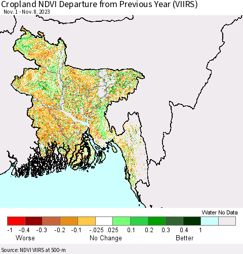 Bangladesh Cropland NDVI Departure from Previous Year (VIIRS) Thematic Map For 11/1/2023 - 11/8/2023