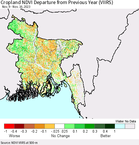 Bangladesh Cropland NDVI Departure from Previous Year (VIIRS) Thematic Map For 11/9/2023 - 11/16/2023
