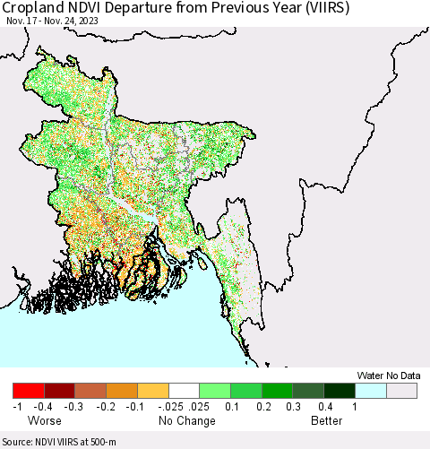 Bangladesh Cropland NDVI Departure from Previous Year (VIIRS) Thematic Map For 11/17/2023 - 11/24/2023