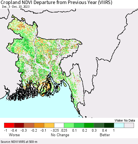 Bangladesh Cropland NDVI Departure from Previous Year (VIIRS) Thematic Map For 12/3/2023 - 12/10/2023