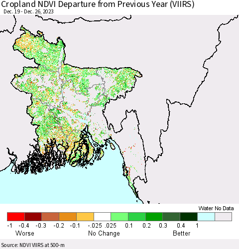 Bangladesh Cropland NDVI Departure from Previous Year (VIIRS) Thematic Map For 12/19/2023 - 12/26/2023